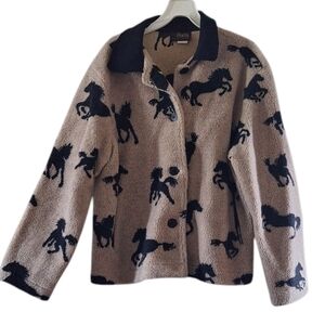 Vintage David Paul NY Equestrian Missy Large Fleece Sherpa Jacket Horses